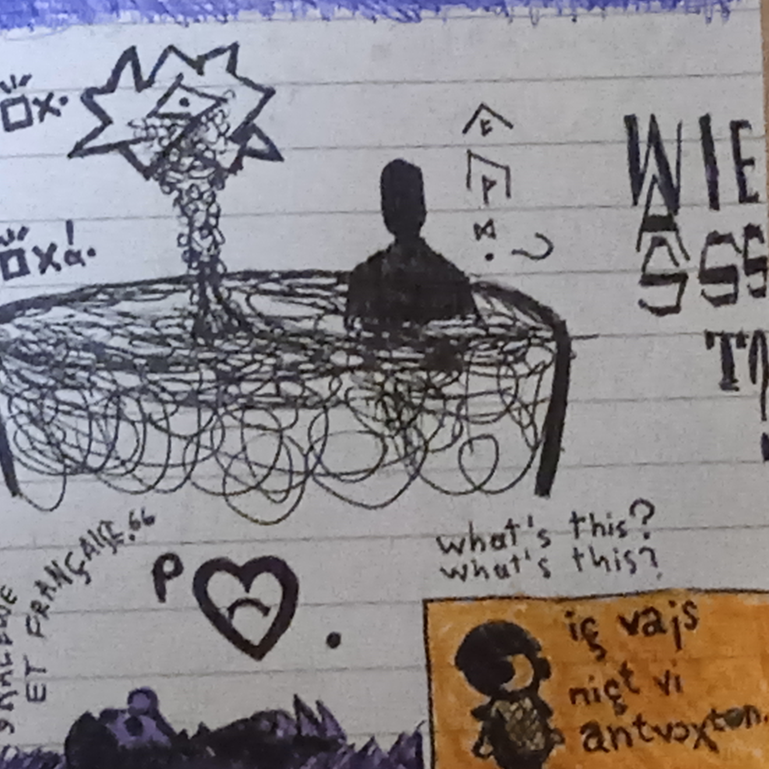 des dessins, un d'une silhouette noire se baignant dans un grand verre dans lequel coule le torrent de larmes d'un nuage piquant avec un œil, un autre d'un jeune enfant couché la main tendu vers le ciel dans un champ et un dernier de ce même enfant se tenant debout et contemplant le lointain des dessins, un d'une silhouette noire se baignant dans un grand verre dans lequel coule le torrent de larmes d'un nuage piquant avec un œil, un autre d'un jeune enfant couché la main tendu vers le ciel dans un champ et un dernier de ce même enfant se tenant debout et contemplant le lointain