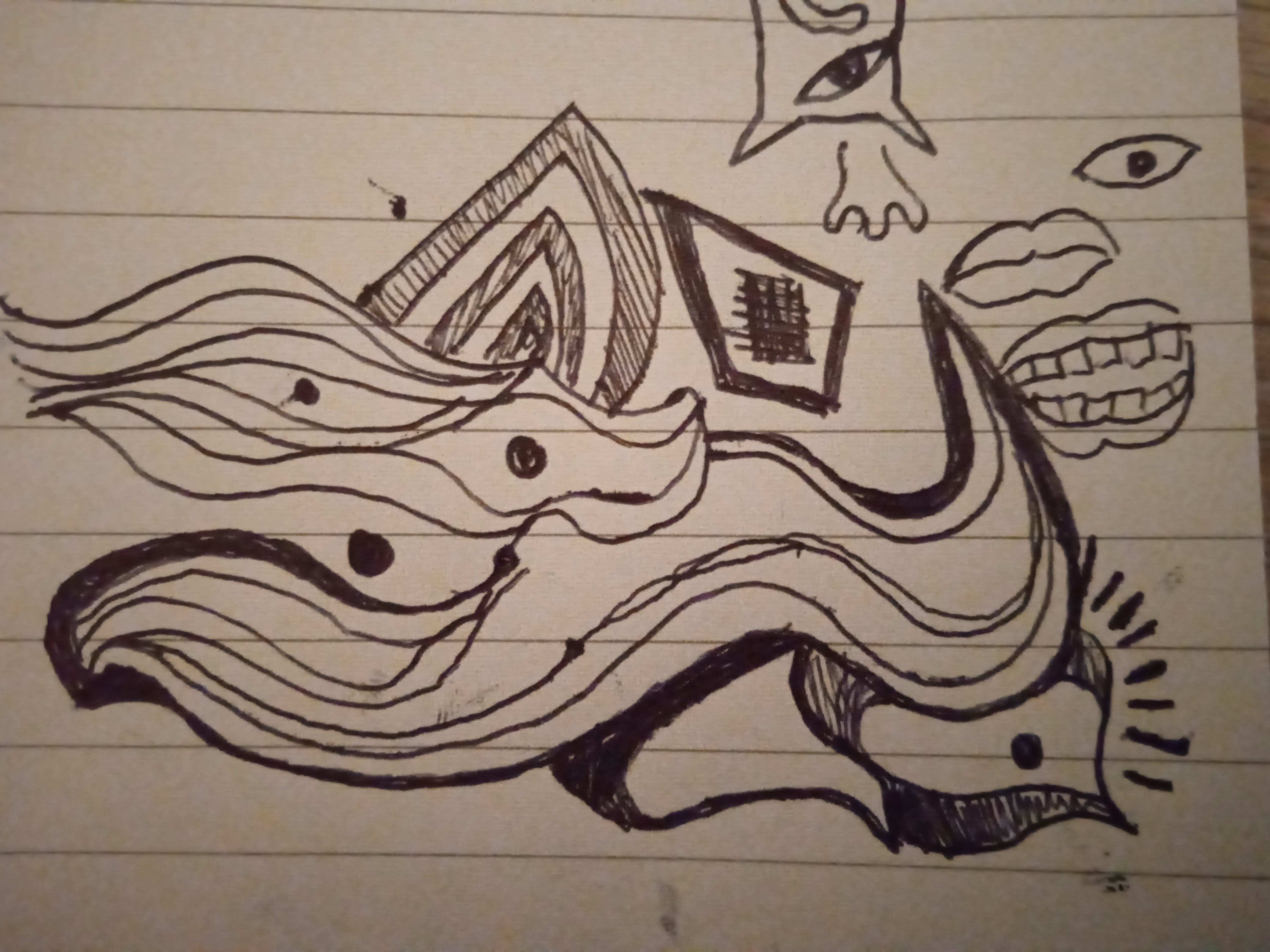 a piece of paper on which can be seen a river-like hoard of wavy eyes with a floating mouth and an abstract one-eyed critter a piece of paper on which can be seen a river-like hoard of wavy eyes with a floating mouth and an abstract one-eyed critter
