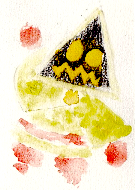 Monster with glowing yellow eyes and mouth, that wears a green cape and a hood, and a red belt, boots, gaunts and trousers, waving at the viewer with its right hand